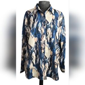 Abstract Blue and Cream Button-Up Shirt